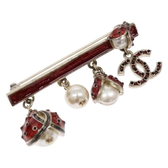 CHANEL Icon Ladybug Brooch Metal Gold Red CC Auth 132988V - Picture 1 of 7